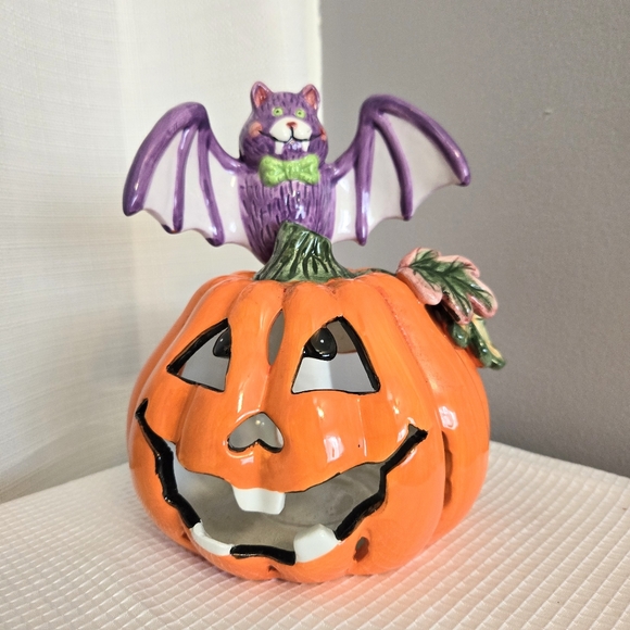 Vtg Halloween Pumpkin Bat Tealight Candle Holder Ceramic 2003 Read - Picture 2 of 12